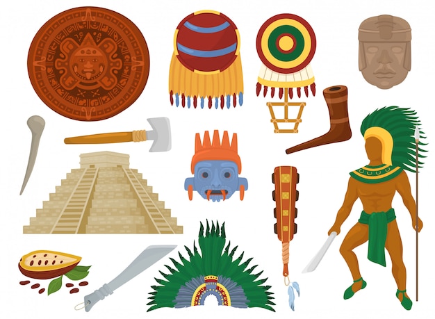 La cultura antigua mexicana azteca en México y el carácter del hombre maya de la civilización maya ilustración conjunto de pirámide étnica tradicional y símbolo de decoración ritual aislado sobre fondo blanco.