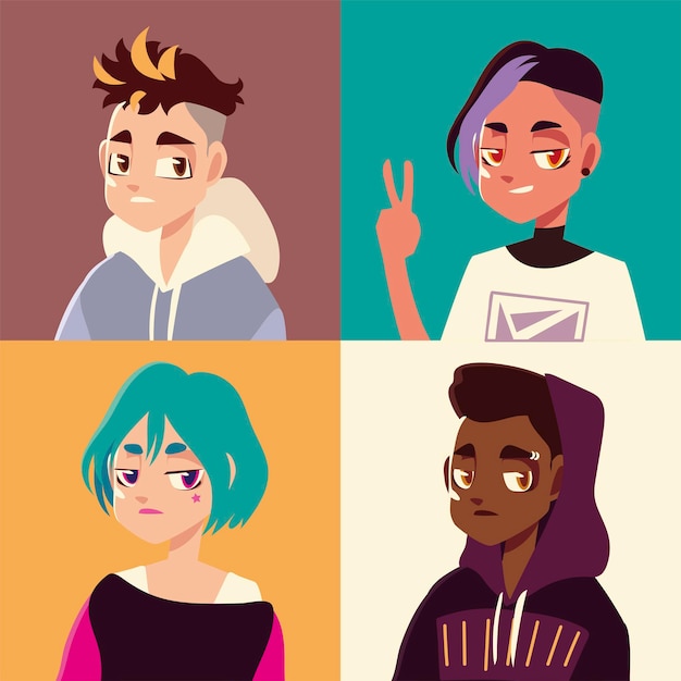 Cultura juvenil establece retrato de personas peinado adolescente ropa de moda ilustración