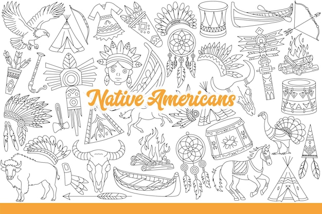 Cultura de los nativos americanos y los indios que viven en los Estados Unidos en bigwamas dibujados a mano