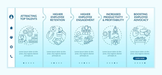 La cultura organizacional beneficia la plantilla vectorial de incorporación. sitio web móvil receptivo con iconos. tutorial de la página web pantallas de 5 pasos. talento, concepto de color de defensa de los empleados con ilustraciones lineales