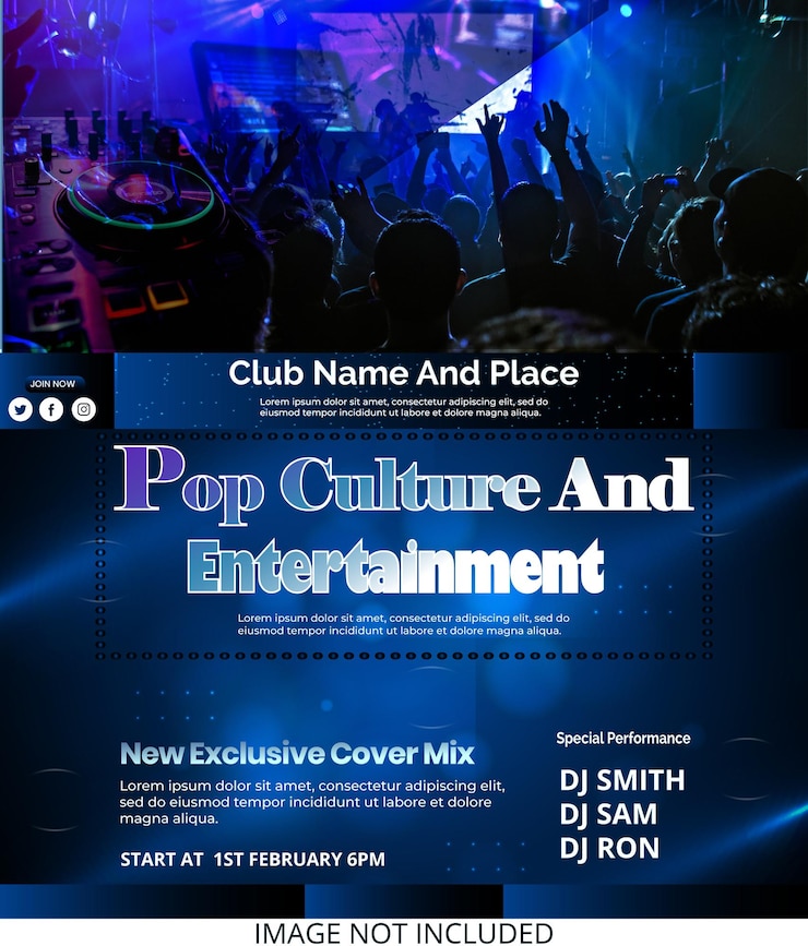 Vector la cultura pop, el entretenimiento, las fiestas, los clubes nocturnos, las plantillas de publicaciones sociales.
