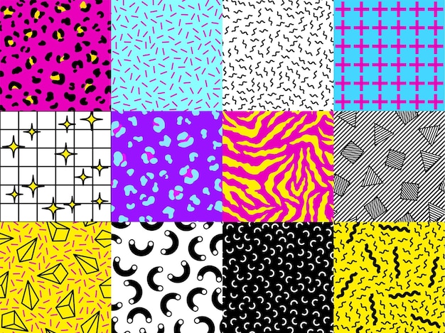 Cultura popular de los años noventa Patrón sin costuras Conjunto de fondo Vector