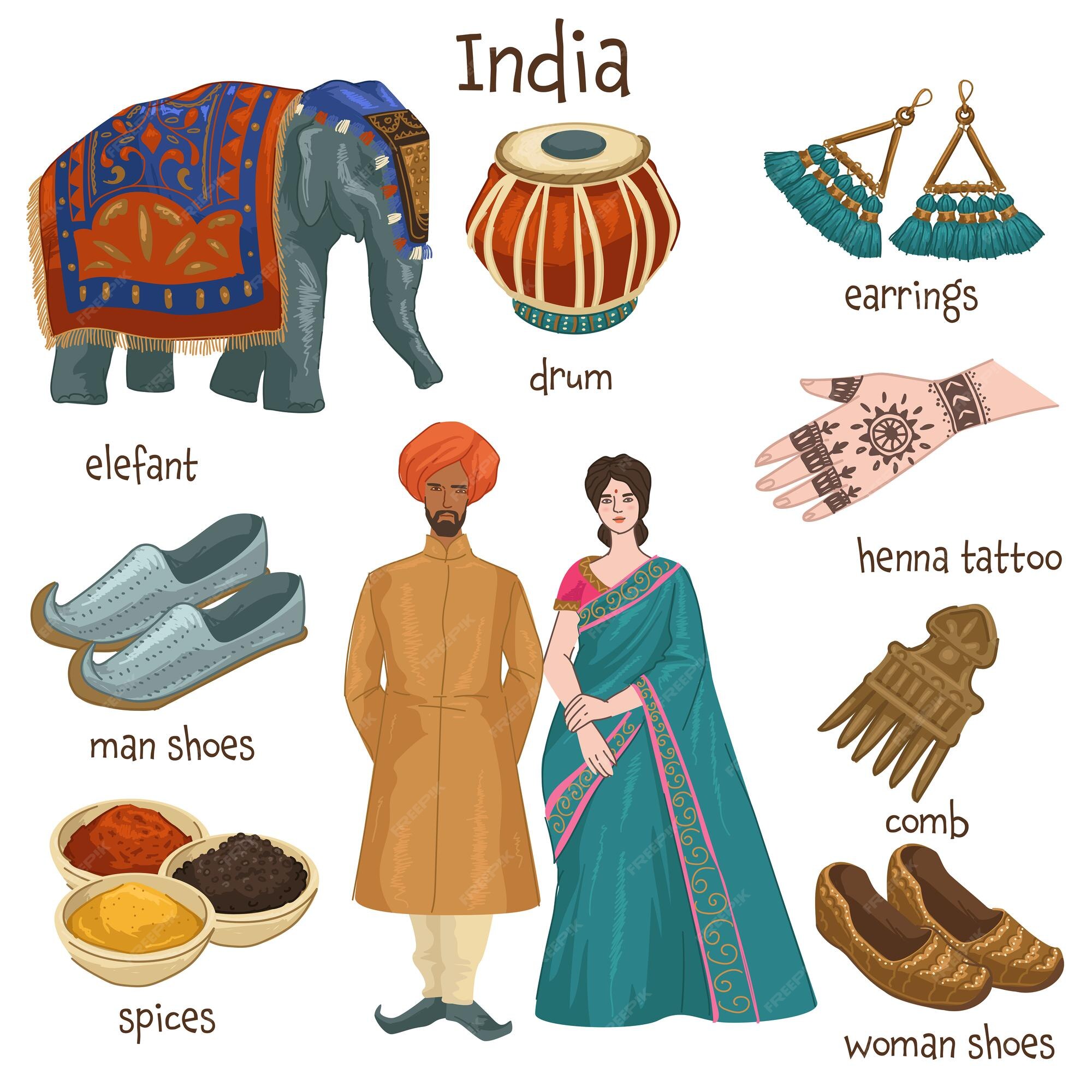 Cultura y tradiciones de la india, hombre y mujer con ropa y zapatos tradicionales. tambores y joyas indias, pendiente y peine. especias y diseño tatuaje de henna, elefante. vector en estilo