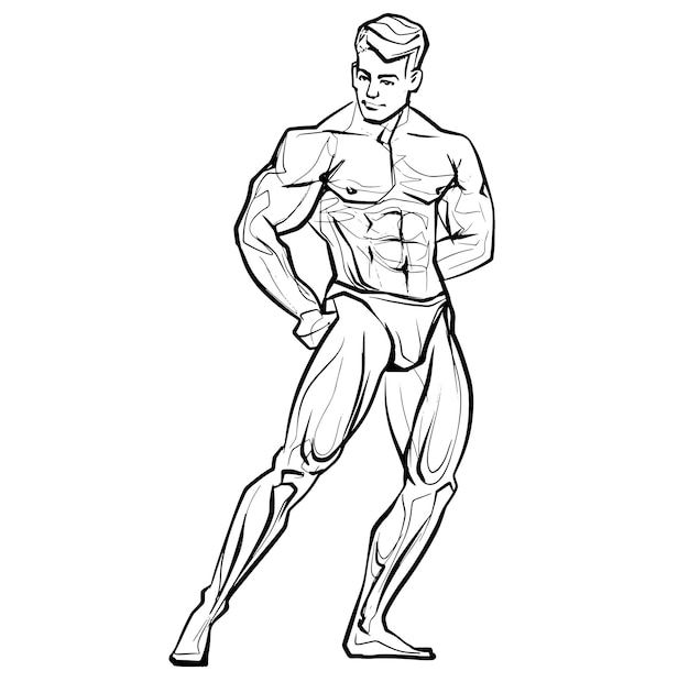 Culturista músculo hombre fitness posando blanco y negro aislado dibujo a mano ilustración vectorial imagen