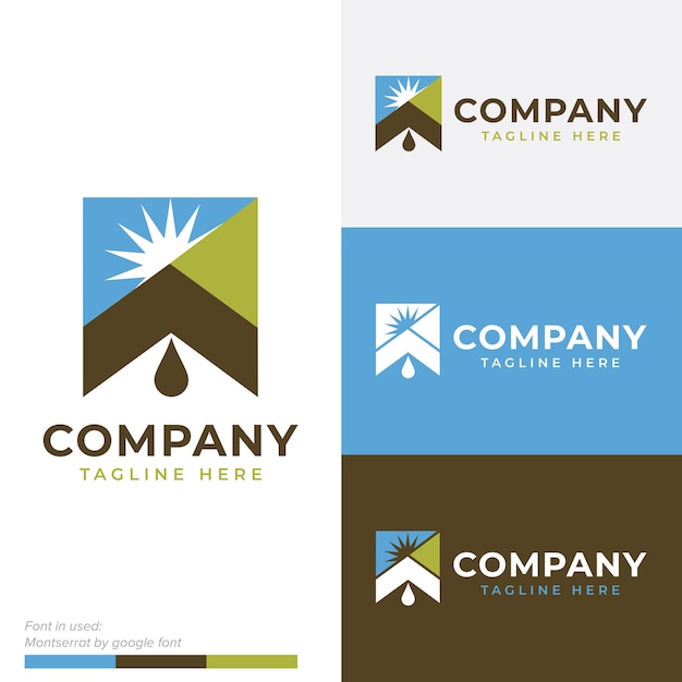 Cumbre cuadrada simple con sol y icono de minería de petróleo diseño de vector de logotipo plano