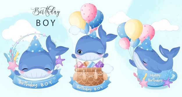 Cumpleañero linda ballena pequeña Ilustraciones