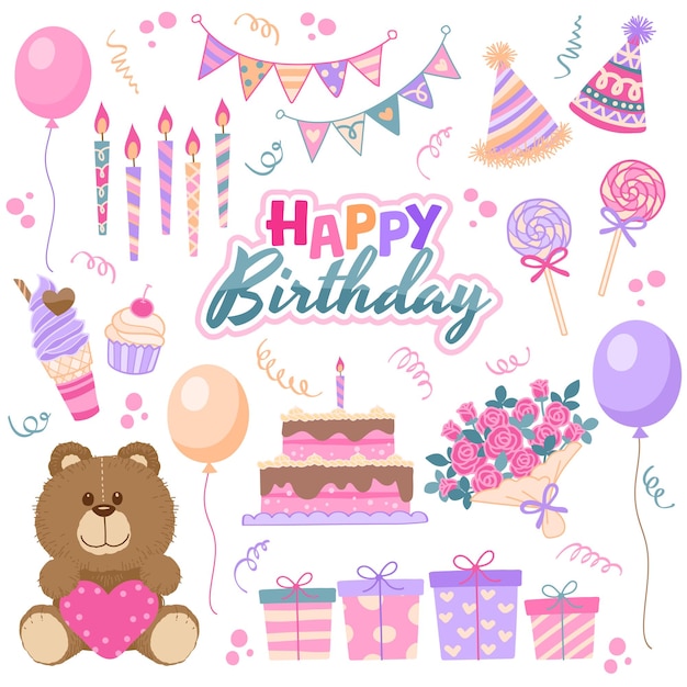 cumpleaños feliz dibujado a mano clip art pegatinas conjunto vectorial