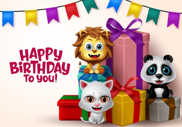 Vector cumpleaños fiesta vector niños animales feliz cumpleaños saludo texto con gato león y oso animal