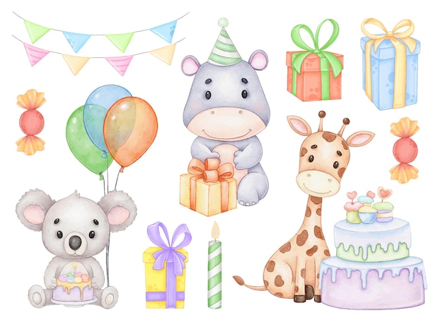 Vector cumpleaños lindos animales acuarela clipart