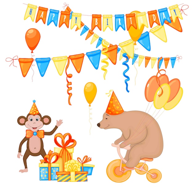 Cumpleaños con mono lindo y oso sobre un fondo blanco. Estilo de dibujos animados. Vector.