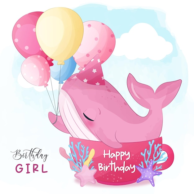 Vector cumpleaños niña linda ballena pequeña ilustración