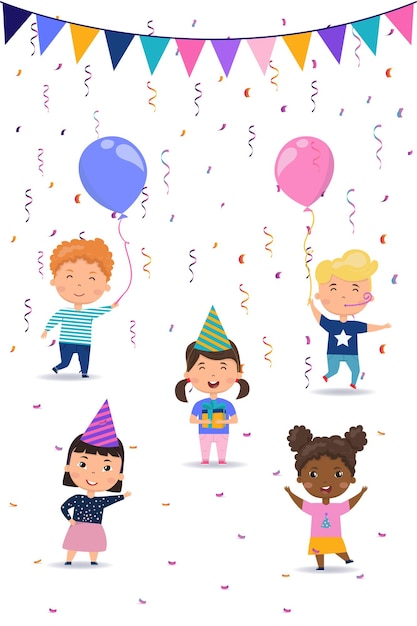 Vector cumpleaños con niños, confeti, banderas y globos.