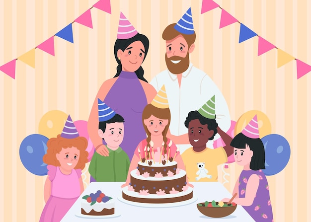 Cumpleaños de niños en el interior de color plano. Padres con sombreros de fiesta. Chica dispuesta a soplar velas en la torta. Familiares y amigos personajes de dibujos animados en 2D con el interior de la casa