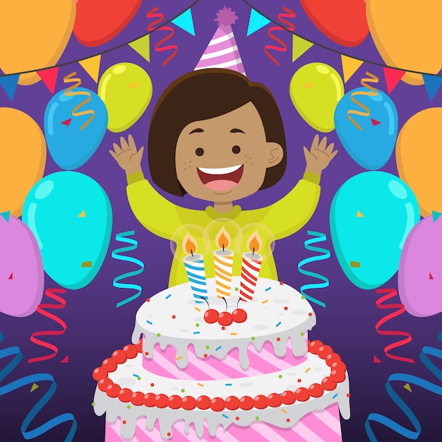 Vector cumpleaños de niños con pastel y globos