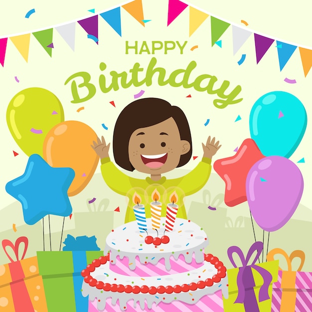 Vector cumpleaños de niños con pastel y globos