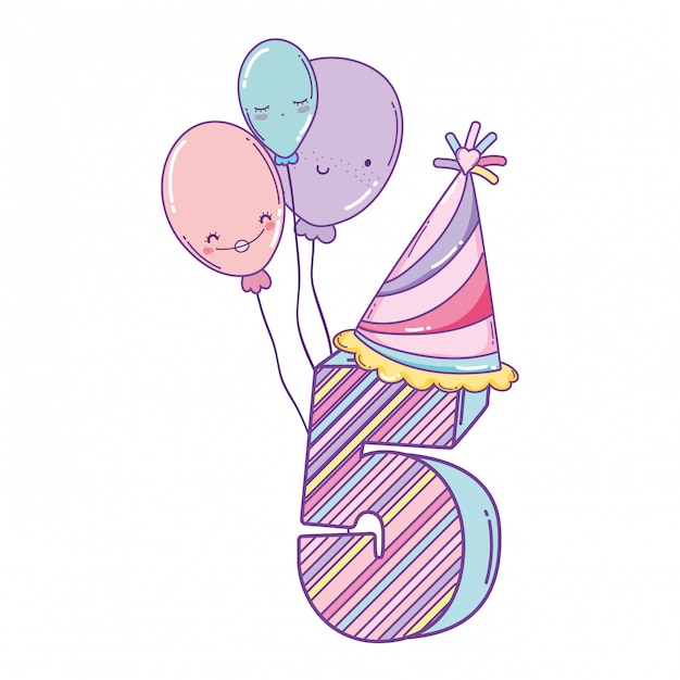 Cumpleaños número cinco con sombrero y globos.