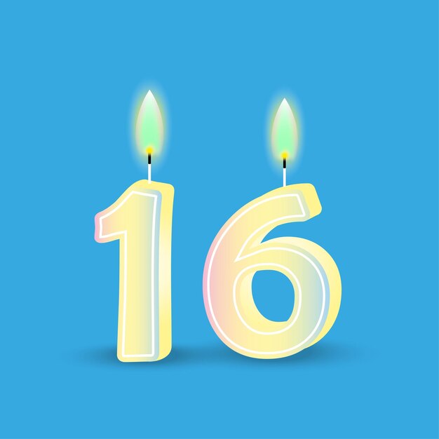 Cumpleaños número dieciséis vela con fuego 3D número 16 Ilustración vectorial EPS 10