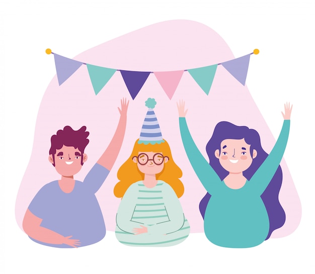 Vector cumpleaños o reunión de amigos, hombre y mujeres jóvenes con sombrero copa de vino y banderines decoración celebración ilustración