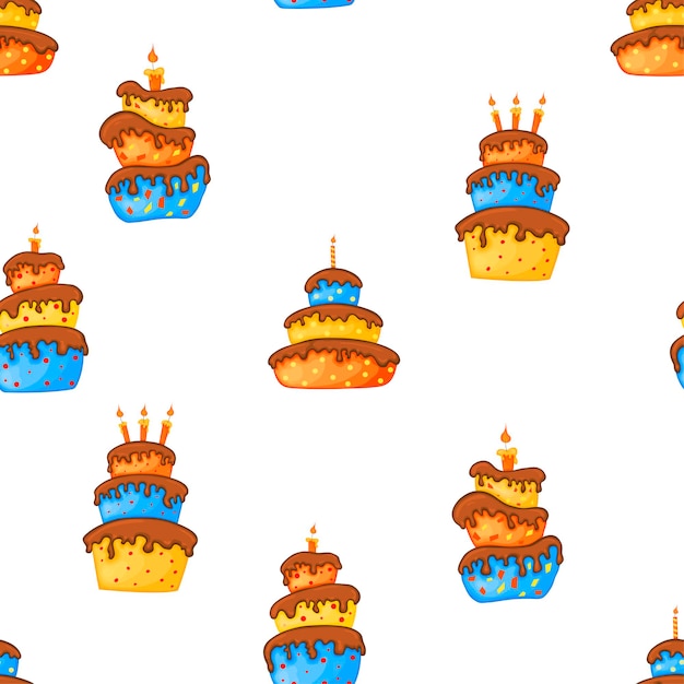 Cumpleaños de patrones sin fisuras multicolores con tortas sobre un fondo blanco. estilo de dibujos animados. vector.