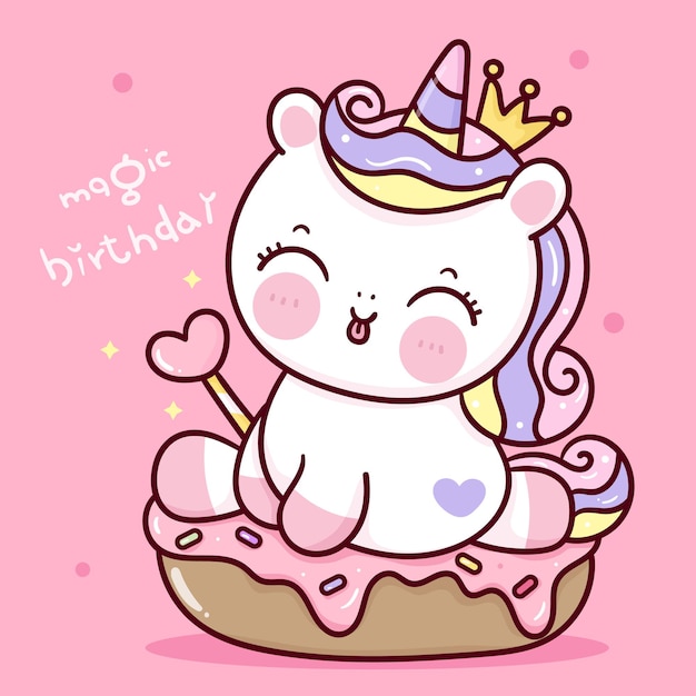 Cumpleaños unicornio princesa dibujos animados con varita mágica sentarse en cupcake kawaii animal