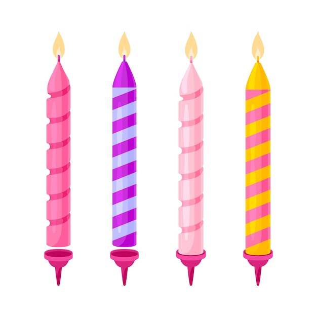 Cumpleaños, vacaciones, vela, rayado, retorcido, plano, conjunto, quemar, llama, mecha, cera, vela, pastel, soporte, rosa, púrpura, amarillo, decorativo, saludo, elemento, caricatura, lindo, fiesta, objeto, icono, pegatina, festivo, aislado