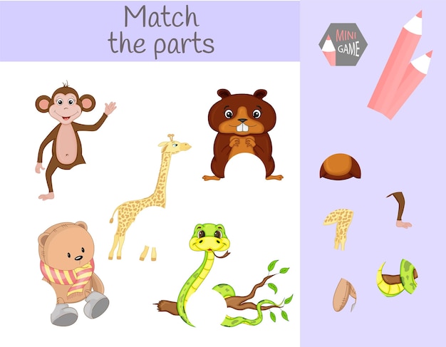 Cumplimiento del juego educativo infantil. combina partes de animales. encuentra las partes que faltan.