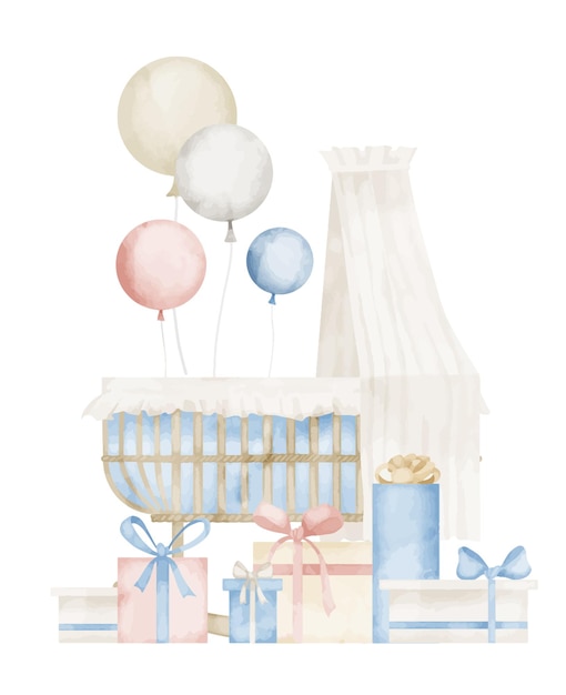 Cuna de bebé con globos de aire y regalos en colores azul pastel y beige para tarjetas de felicitación o invitaciones de ducha de recién nacido Ilustración vintage dibujada a mano sobre fondo aislado para diseño infantil