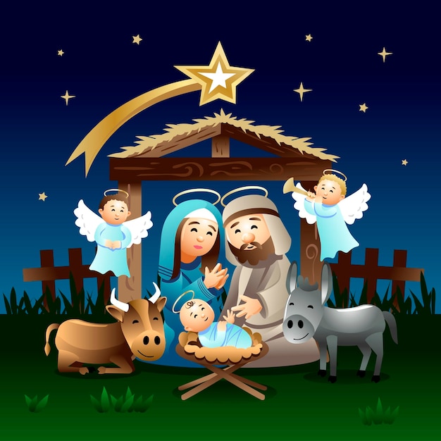 Cuna con María José Jesús y el niño Jesús Ilustración vectorial