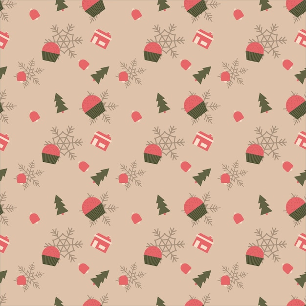Cup cake House Bell Árbol de Navidad copos de nieve patrón de repetición vectorial Patrón de repetición de Navidad dibujado a mano para papel tapiz de fondo envoltura de regalo banner de embalaje textil