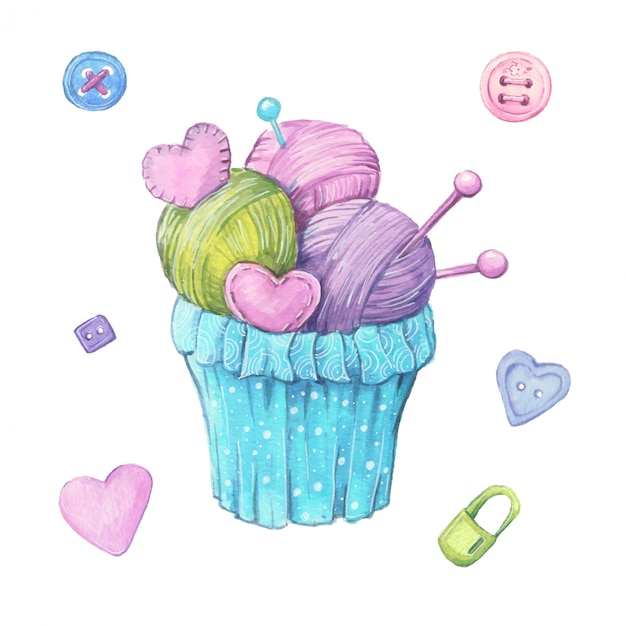 Vector cupcake de acuarela hecho de bolas de hilo y agujas de tejer