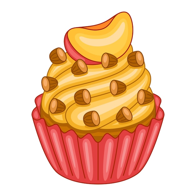 Cupcake de almendras y melocotón en ilustración vectorial