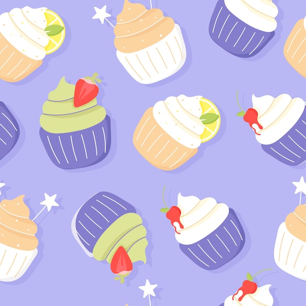 Cupcake delicioso de patrones sin fisuras. Diseño de ilustración de vector de postre.