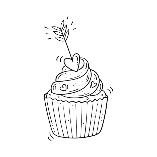 Cupcake dulce blanco y negro decorado con flecha con un corazón al estilo doodle