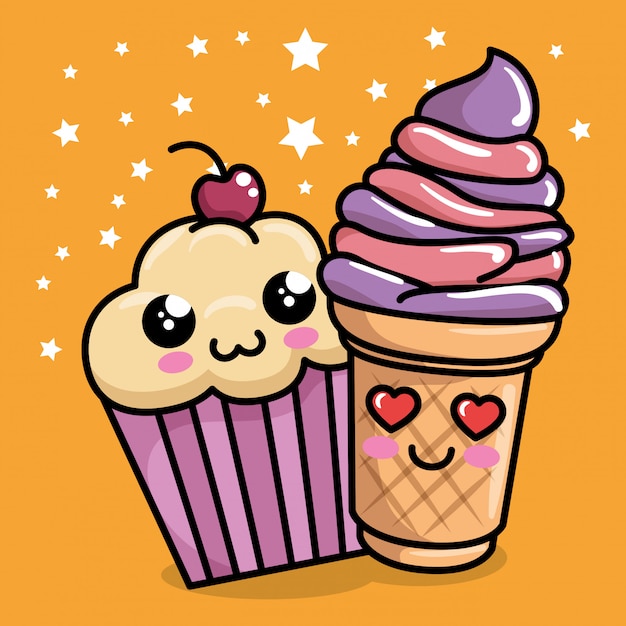 cupcake dulce con helado personaje kawaii