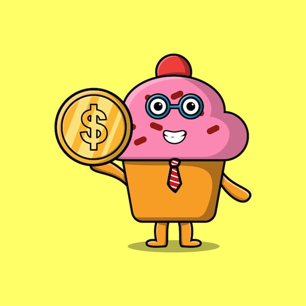 Cupcake exitoso hombre de negocios con moneda de oro imagen vectorial de dibujos animados