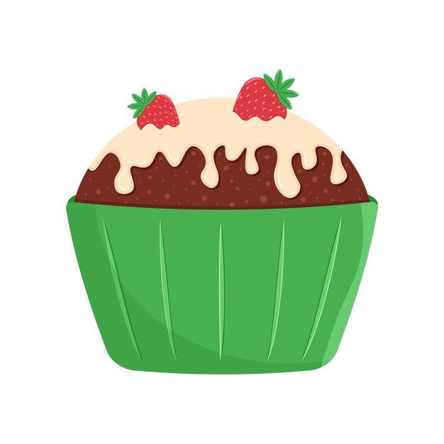 Vector cupcake con fresas, cupcake con glaseado, muffin dulce, repostería festiva