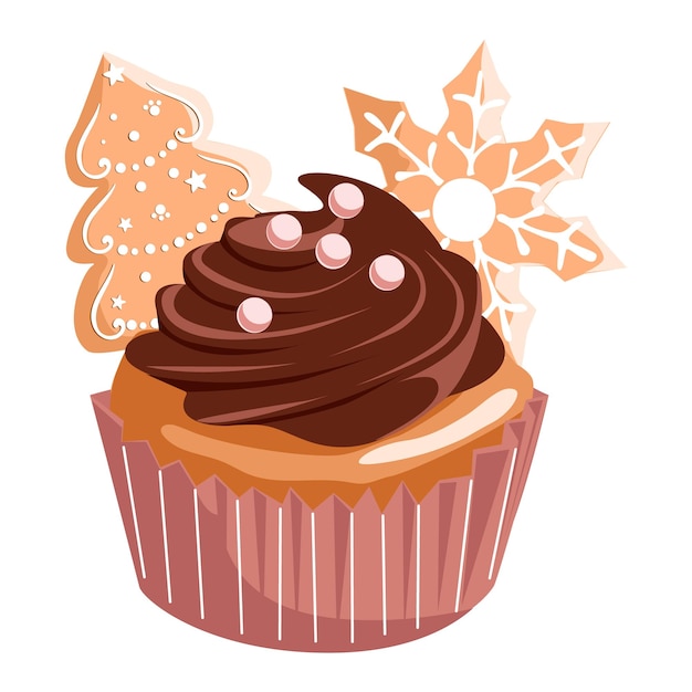 Cupcake con galletas de jengibre Pasteles festivos Ilustración dibujada a mano Aislado sobre fondo blanco