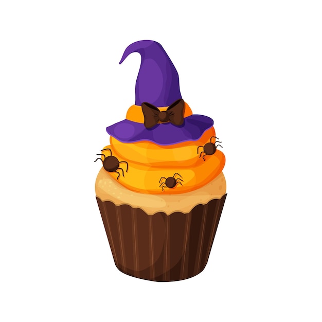 Cupcake Halloween sombrero de bruja en crema de naranja decorado con postre de arañas en estilo de dibujos animados