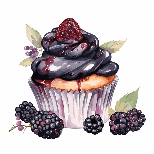 Vector cupcake con ilustración de acuarela de crema negra y mora