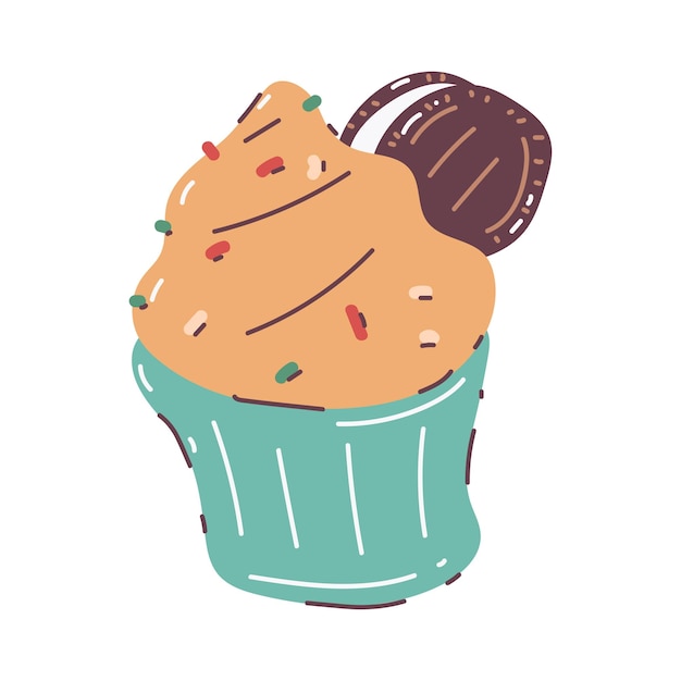 Cupcake con ilustración de dibujos animados de vector de galleta aislado en un fondo blanco