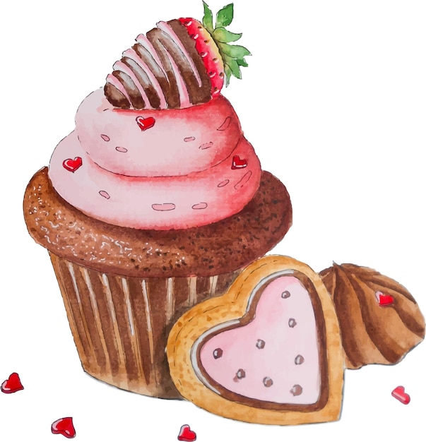 Cupcake con ilustración de vector de acuarela de fresa y galletas