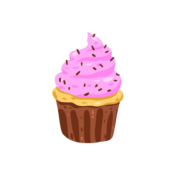 Cupcake con ilustración de vector de dibujos animados de crema rosa