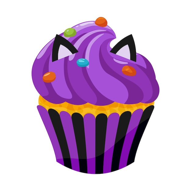 Un cupcake morado con orejas de gato y chispitas coloridas productos horneados dulces para las fiestas ilustración vectorial