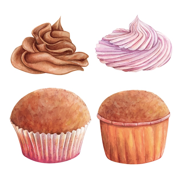 Cupcake muffin crema acuarela dibujo conjunto chocolate fruta en papel pastel panadería postre sabroso