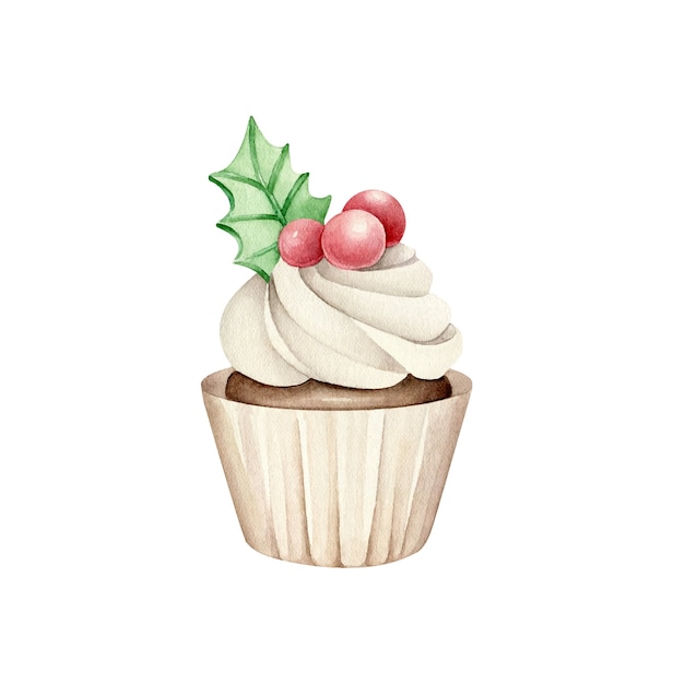 Cupcake de Navidad acuarela Pastel de año nuevo Postre de Navidad aislado sobre fondo blanco