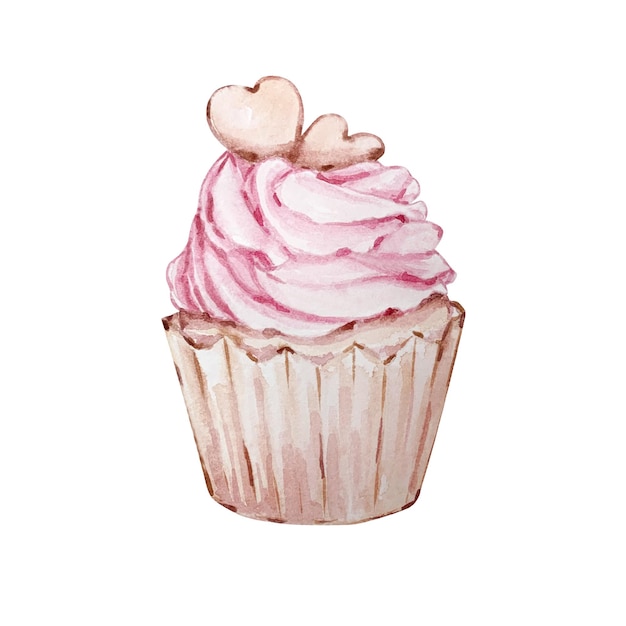 Cupcake de postre dibujado a mano acuarela con crema rosa y corazones