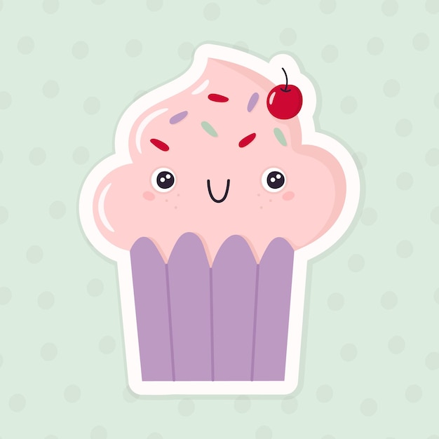 Cupcake rosa kawaii con cobertura y cereza en la parte superior Torta vectorial de dibujos animados sobre un fondo de lunares
