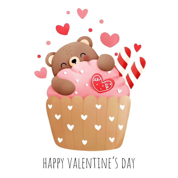 Cupcake de San Valentín con osito de peluche, ilustración vectorial