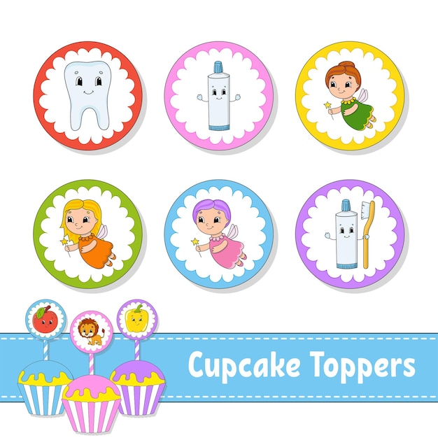 Cupcake Toppers Conjunto de seis imágenes redondas personajes de dibujos animados Imagen linda