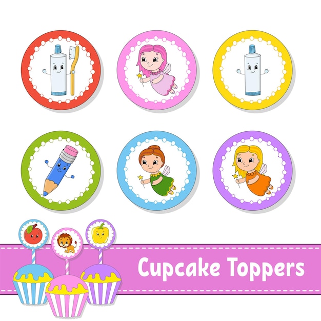 Cupcake toppers conjunto de seis imágenes redondas personajes de dibujos animados imagen linda